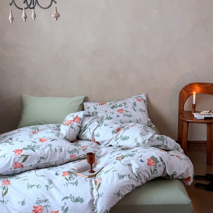 91家纺网 家纺一手货源 找家纺 窝米 2025春季新品全棉13370系列全棉治愈风花卉系列四件套 花添绿