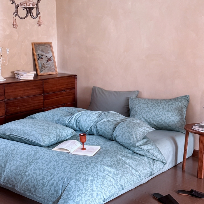 91家纺网 家纺一手货源 找家纺 窝米 2025春季新品全棉13370系列全棉治愈风花卉系列四件套 蕾丝-绿