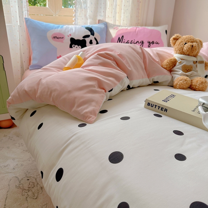 91家纺网 家纺一手货源 找家纺 美乐迪家纺 2025新款全棉绣花毛巾绣四件套 波点猫咪