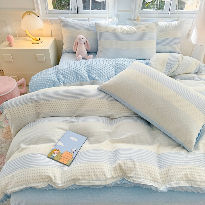 91家纺网 家纺一手货源 找家纺 千朵 2025新款豆豆绒双层纱四件套 仙草蓝