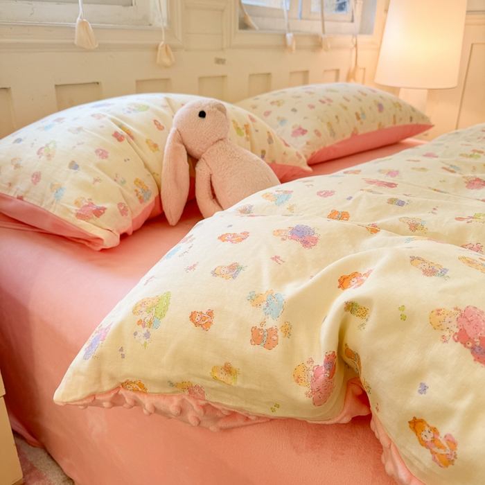 91家纺网 家纺一手货源 找家纺 （总）千朵 2025新款豆豆绒双层纱四件套