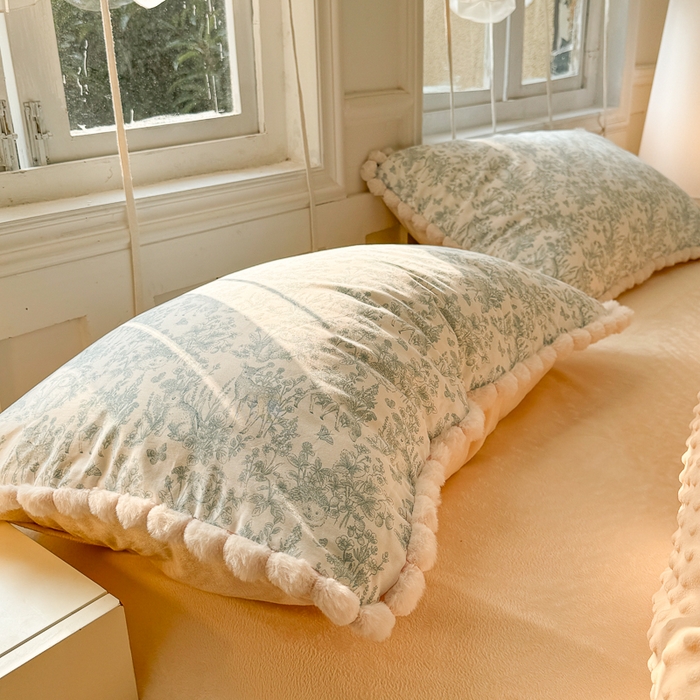 91家纺网 家纺一手货源 找家纺 （总）千朵 2025新款棉加豆豆绒毛毛球边四件套