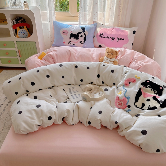 91家纺网 家纺一手货源 找家纺 美乐迪家纺 2025新款全棉绣花毛巾绣四件套 波点猫咪