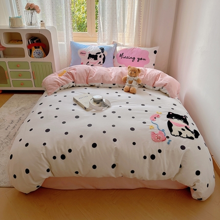 美乐迪家纺 2025新款全棉绣花毛巾绣四件套 波点猫咪