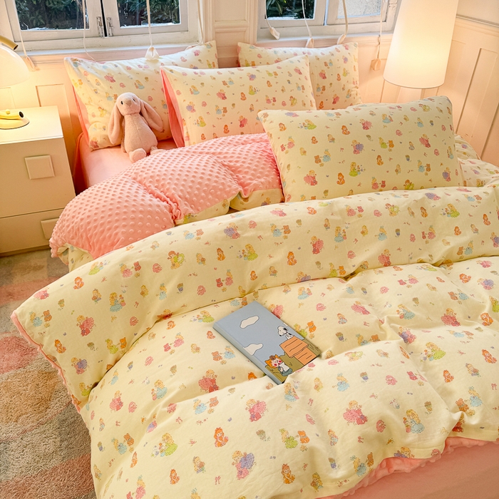 91家纺网 家纺一手货源 找家纺 千朵 2025新款豆豆绒双层纱四件套 奶芙芙