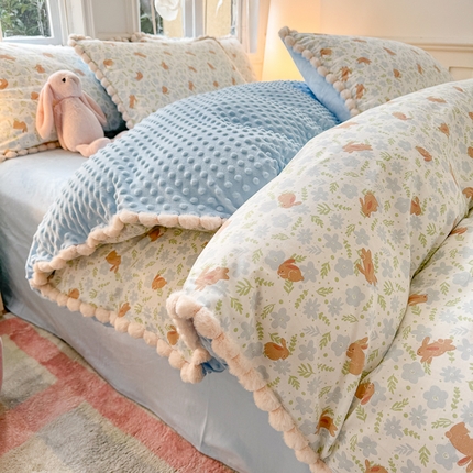 千朵 2025新款棉加豆豆绒毛毛球边四件套 玉兔