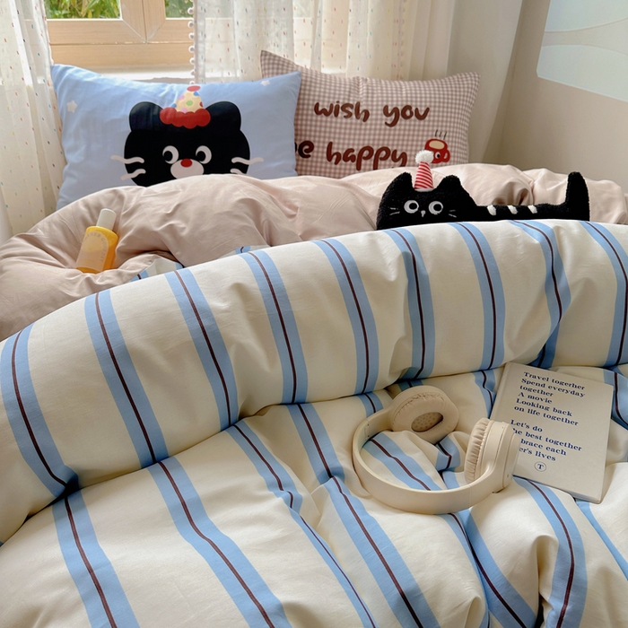 91家纺网 家纺一手货源 找家纺 美乐迪家纺 2025新款全棉绣花毛巾绣四件套 条纹黑猫