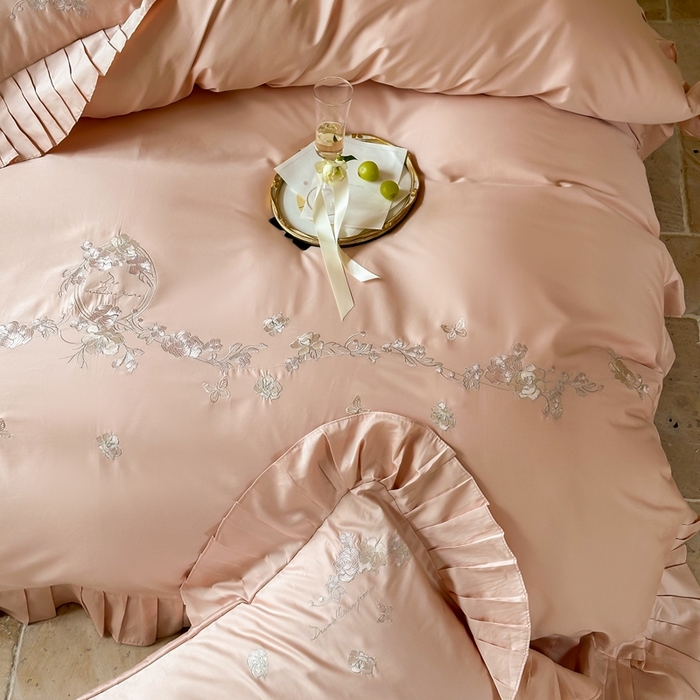 91家纺网 家纺一手货源 找家纺 窝米 2025长绒荷叶边100支刺绣工艺款四件套（玫瑰园） 玫瑰园-粉