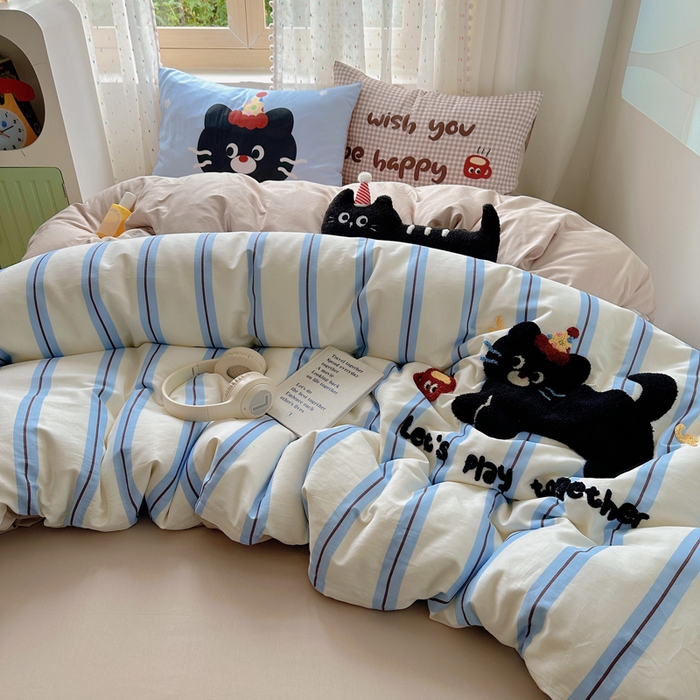 91家纺网 家纺一手货源 找家纺 美乐迪家纺 2025新款全棉绣花毛巾绣四件套 条纹黑猫