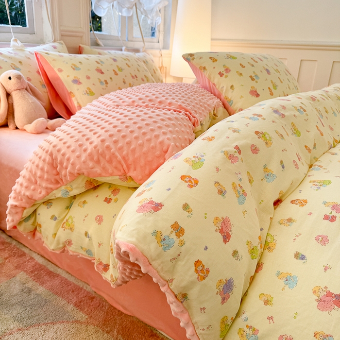 91家纺网 家纺一手货源 找家纺 千朵 2025新款豆豆绒双层纱四件套 奶芙芙