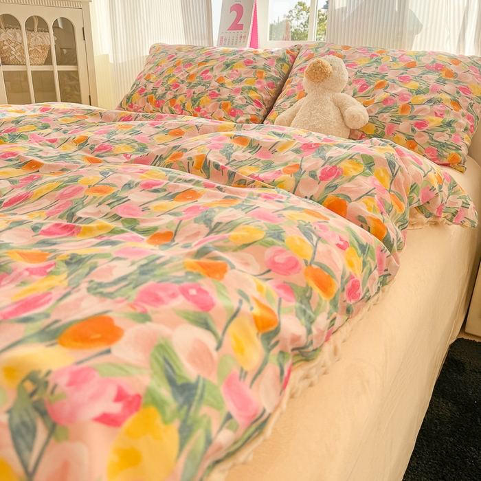 91家纺网 家纺一手货源 找家纺 千朵 2025新款全棉加豆豆绒四件套 郁金香粉