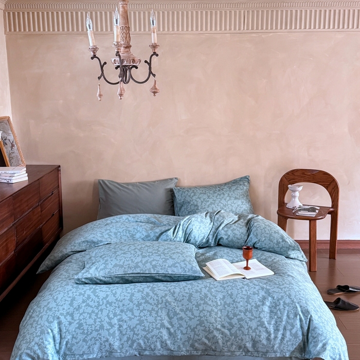 91家纺网 家纺一手货源 找家纺 窝米 2025春季新品全棉13370系列全棉治愈风花卉系列四件套 蕾丝-绿