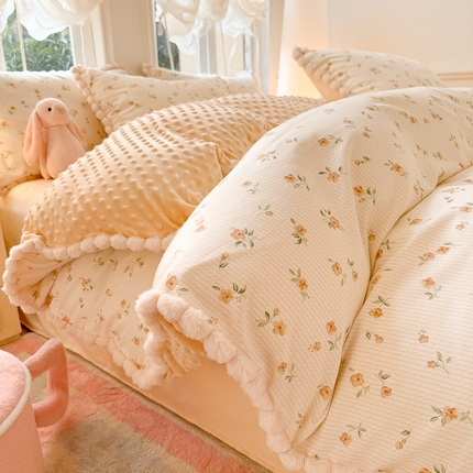 千朵 2025新款棉加豆豆绒毛毛球边四件套 优诺米