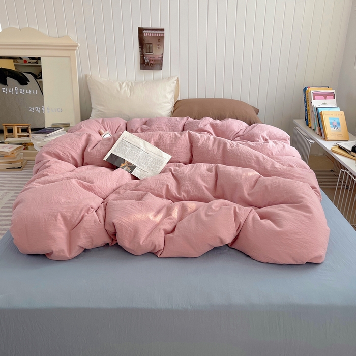 91家纺网 家纺一手货源 找家纺 2025新款ins博主风纯色混搭双色水洗m四件套（软糯舒适，非市场普通面料！！！） 多色水洗m-粉雾麦蓝