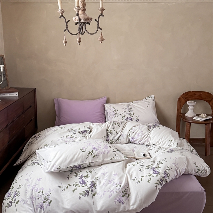 91家纺网 家纺一手货源 找家纺 窝米 2025春季新品全棉13370系列全棉治愈风花卉系列四件套 写意紫