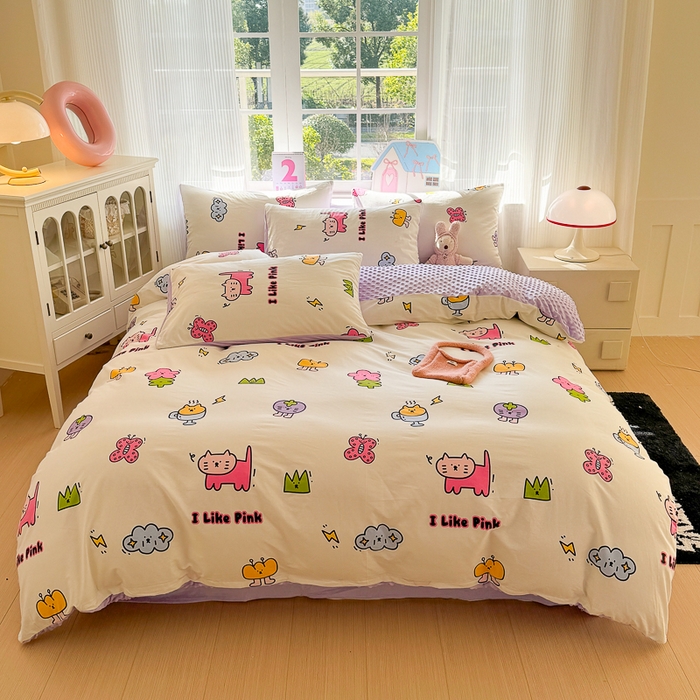 91家纺网 家纺一手货源 找家纺 千朵 2025新款全棉加豆豆绒四件套 奶油猫咪