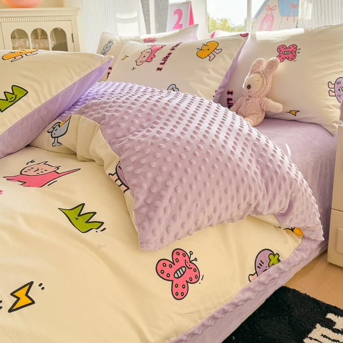 91家纺网 家纺一手货源 找家纺 千朵 2025新款全棉加豆豆绒四件套 奶油猫咪