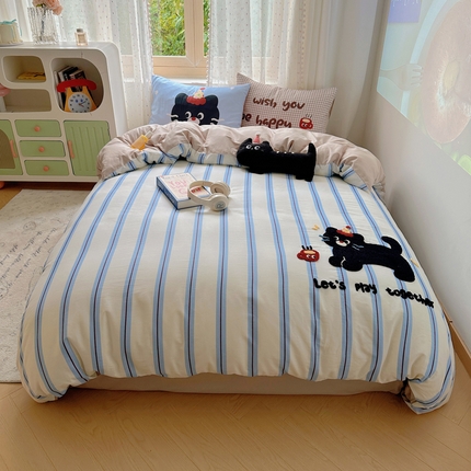 美乐迪家纺 2025新款全棉绣花毛巾绣四件套 条纹黑猫