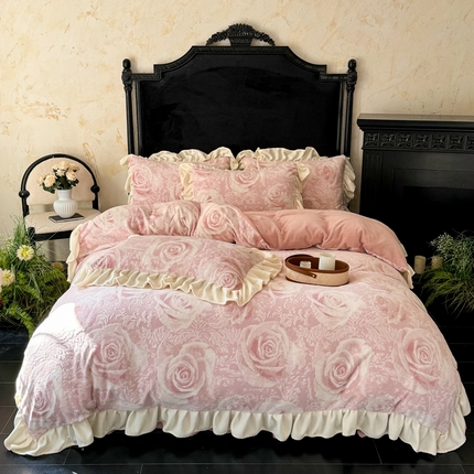 大麦家纺 2024新款高克重牛奶绒夹棉床盖四件套 玫瑰粉