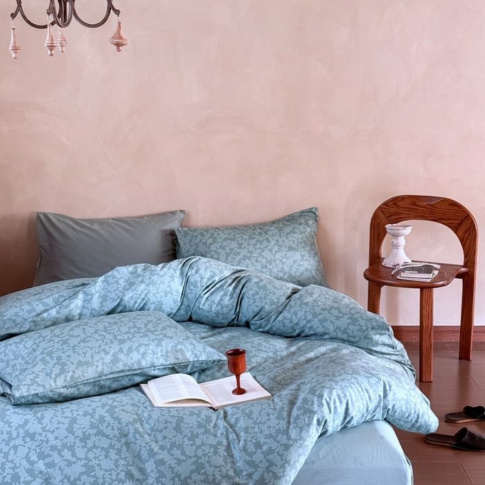 91家纺网 家纺一手货源 找家纺 窝米 2025春季新品全棉13370系列全棉治愈风花卉系列四件套 蕾丝-绿