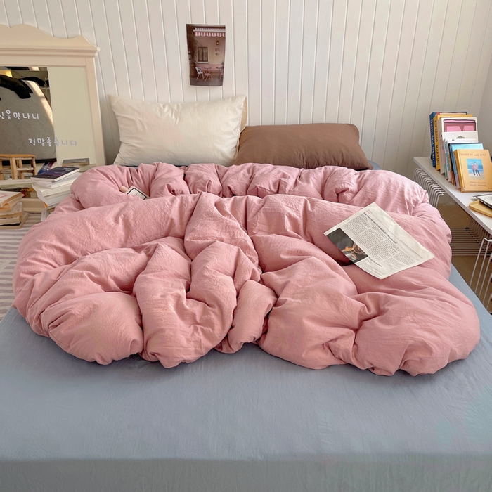 91家纺网 家纺一手货源 找家纺 2025新款ins博主风纯色混搭双色水洗m四件套（软糯舒适，非市场普通面料！！！） 多色水洗m-粉雾麦蓝