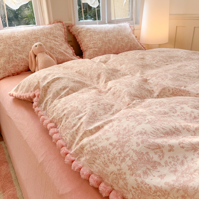 91家纺网 家纺一手货源 找家纺 千朵 2025新款棉加豆豆绒毛毛球边四件套 梦幻