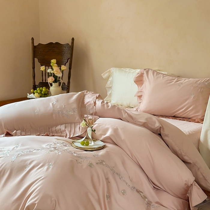 91家纺网 家纺一手货源 找家纺 （总）窝米 2025长绒荷叶边100支刺绣工艺款四件套（玫瑰园）