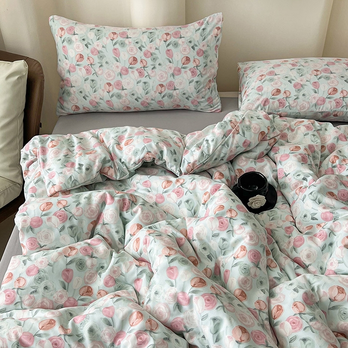 91家纺网 家纺一手货源 找家纺 优选良品  2025针织棉双层纱四件套小碎花被套床单床笠款学生三件套新款直播爆款（第一批）花千朵