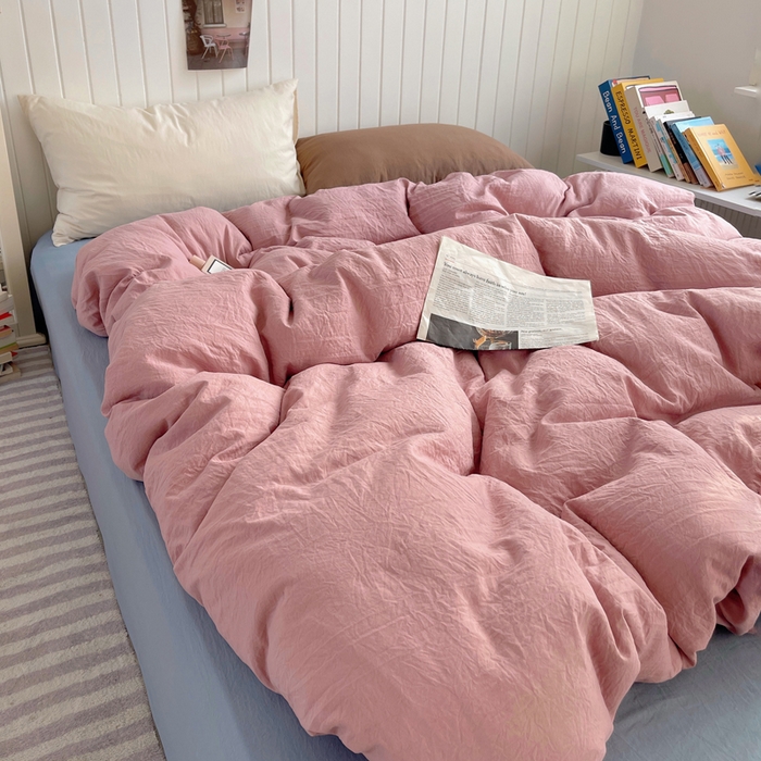 91家纺网 家纺一手货源 找家纺 2025新款ins博主风纯色混搭双色水洗m四件套（软糯舒适，非市场普通面料！！！） 多色水洗m-粉雾麦蓝