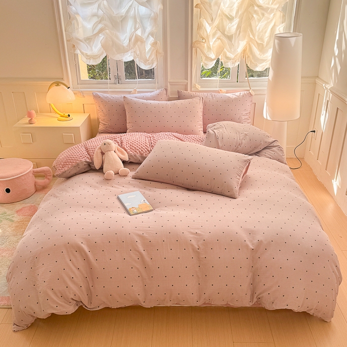 91家纺网 家纺一手货源 找家纺 千朵 2025新款豆豆绒双层纱四件套 芋泥波波