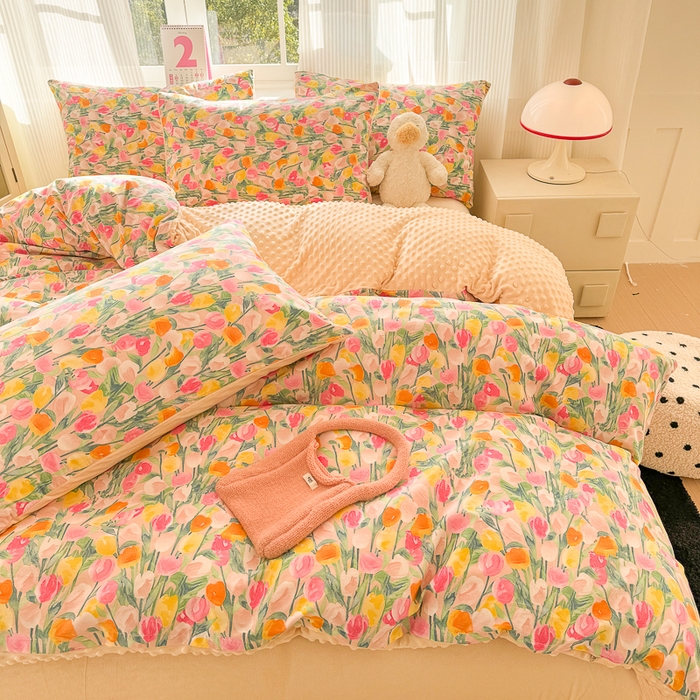 91家纺网 家纺一手货源 找家纺 千朵 2025新款全棉加豆豆绒四件套 郁金香粉