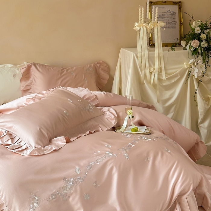 91家纺网 家纺一手货源 找家纺 （总）窝米 2025长绒荷叶边100支刺绣工艺款四件套（玫瑰园）