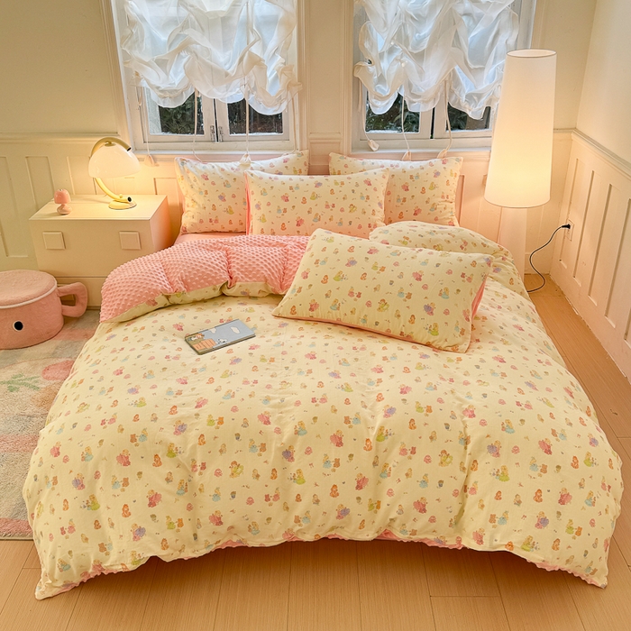 91家纺网 家纺一手货源 找家纺 千朵 2025新款豆豆绒双层纱四件套 奶芙芙