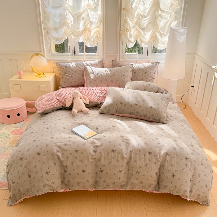 91家纺网 家纺一手货源 找家纺 千朵 2025新款豆豆绒双层纱四件套 纱舞蝶