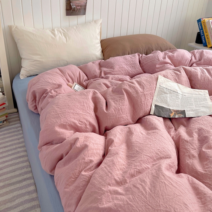 91家纺网 家纺一手货源 找家纺 2025新款ins博主风纯色混搭双色水洗m四件套（软糯舒适，非市场普通面料！！！） 多色水洗m-粉雾麦蓝