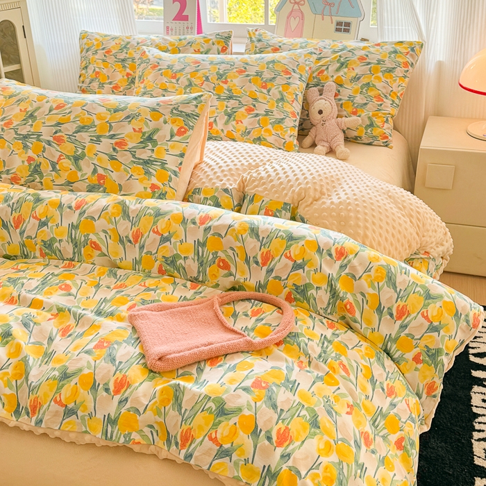 91家纺网 家纺一手货源 找家纺 千朵 2025新款全棉加豆豆绒四件套 郁金香黄