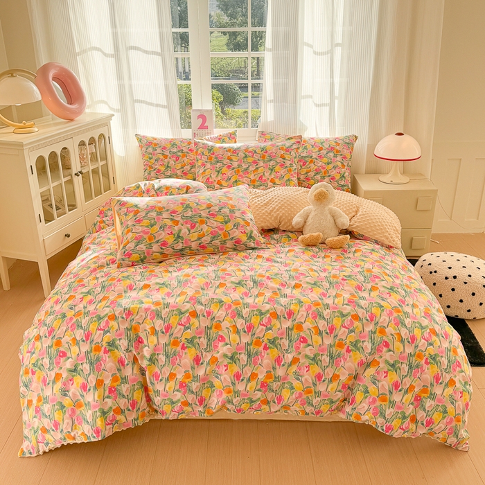 91家纺网 家纺一手货源 找家纺 千朵 2025新款全棉加豆豆绒四件套 郁金香粉