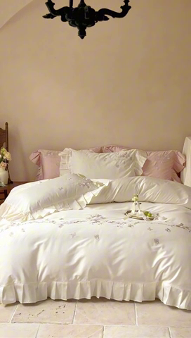 91家纺网 家纺一手货源 找家纺 窝米 2025长绒荷叶边100支刺绣工艺款四件套（玫瑰园） 玫瑰园-奶白