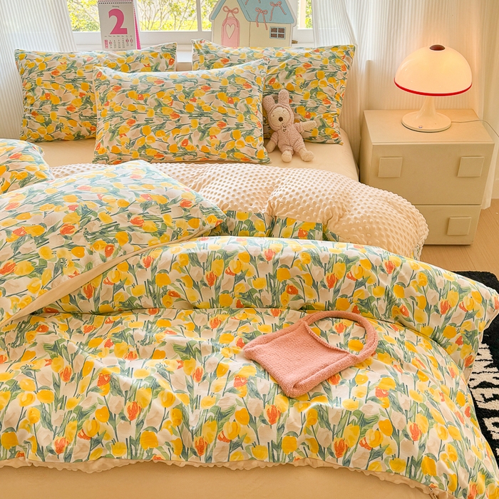 91家纺网 家纺一手货源 找家纺 千朵 2025新款全棉加豆豆绒四件套 郁金香黄