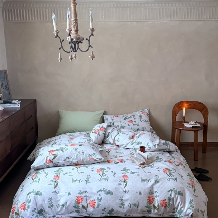 91家纺网 家纺一手货源 找家纺 窝米 2025春季新品全棉13370系列全棉治愈风花卉系列四件套 花添绿