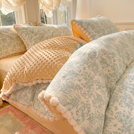 （总）千朵 2025新款棉加豆豆绒毛毛球边四件套