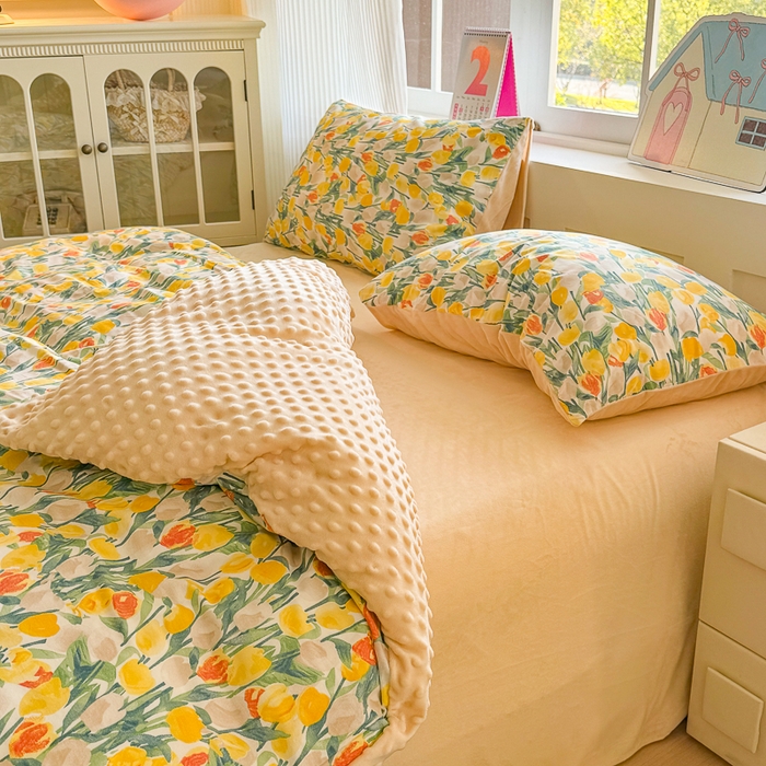 91家纺网 家纺一手货源 找家纺 千朵 2025新款全棉加豆豆绒四件套 郁金香黄