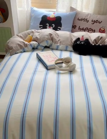 91家纺网 家纺一手货源 找家纺 美乐迪家纺 2025新款全棉绣花毛巾绣四件套 条纹黑猫