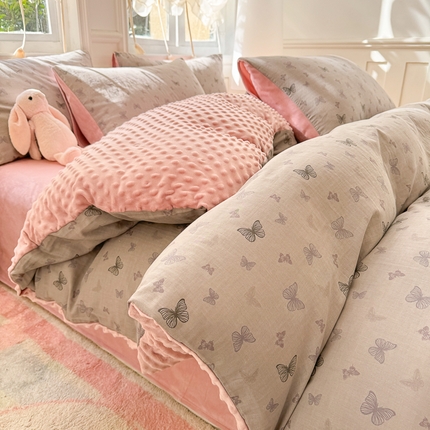 91家纺网 家纺一手货源 找家纺 （总）千朵 2025新款豆豆绒双层纱四件套