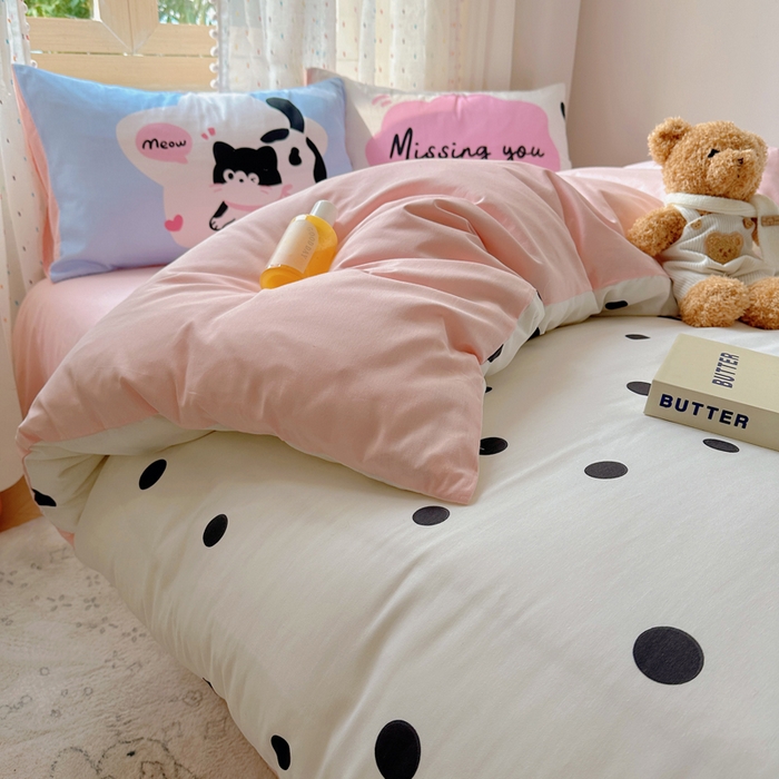 91家纺网 家纺一手货源 找家纺 美乐迪家纺 2025新款全棉绣花毛巾绣四件套 波点猫咪