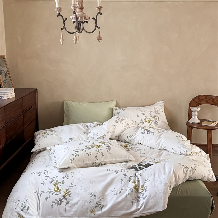91家纺网 家纺一手货源 找家纺 窝米 2025春季新品全棉13370系列全棉治愈风花卉系列四件套 写意绿