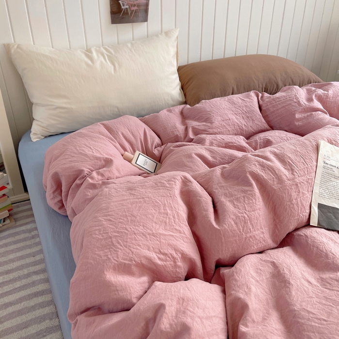 91家纺网 家纺一手货源 找家纺 2025新款ins博主风纯色混搭双色水洗m四件套（软糯舒适，非市场普通面料！！！） 多色水洗m-粉雾麦蓝