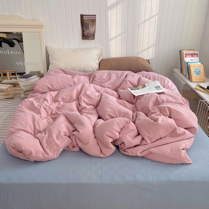 91家纺网 家纺一手货源 找家纺 2025新款ins博主风纯色混搭双色水洗m四件套（软糯舒适，非市场普通面料！！！） 多色水洗m-粉雾麦蓝