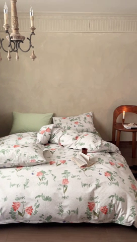 91家纺网 家纺一手货源 找家纺 窝米 2025春季新品全棉13370系列全棉治愈风花卉系列四件套 花添绿