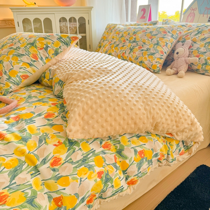 91家纺网 家纺一手货源 找家纺 千朵 2025新款全棉加豆豆绒四件套 郁金香黄